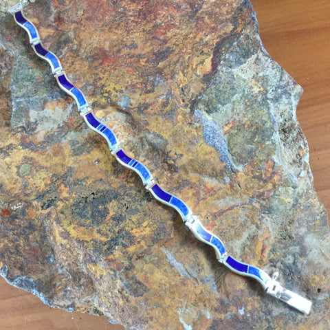 David Rosales Blue Water Inlaid Sterling Silver Wavy Link Bracelet