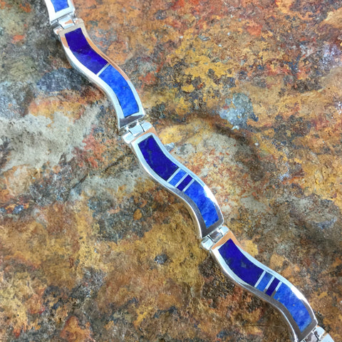 David Rosales Blue Water Inlaid Sterling Silver Wavy Link Bracelet