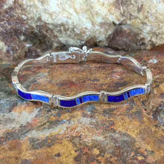 David Rosales Blue Water Inlaid Sterling Silver Wavy Link Bracelet