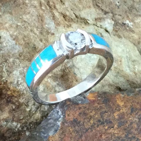 David Rosales Arizona Blue Inlaid Sterling Silver Ring w/ Cubic Zirconia