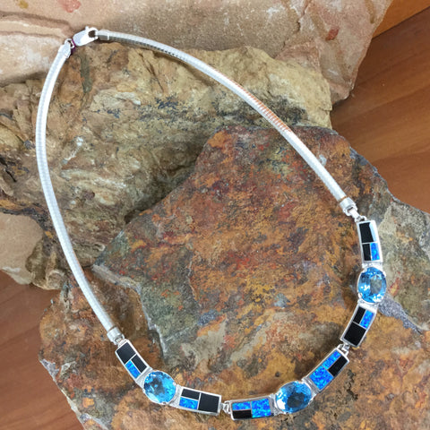 David Rosales Black Beauty Inlaid Sterling Silver Necklace w/ Blue Topaz