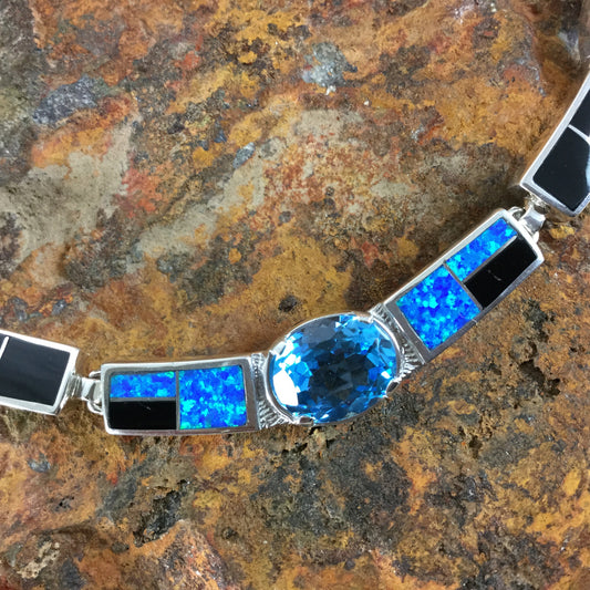 David Rosales Black Beauty Inlaid Sterling Silver Necklace w/ Blue Topaz