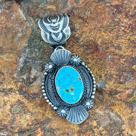 Royston Turquoise Sterling Silver Pendant w Feathers by Rosita Calladitto