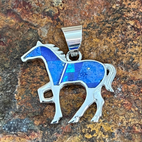David Rosales Blue Sky Fancy Inlaid Sterling Silver Pendant Horse