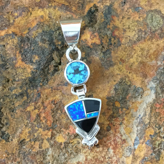 David Rosales Black Beauty Inlaid Sterling Silver Pendant w/ Blue Topaz
