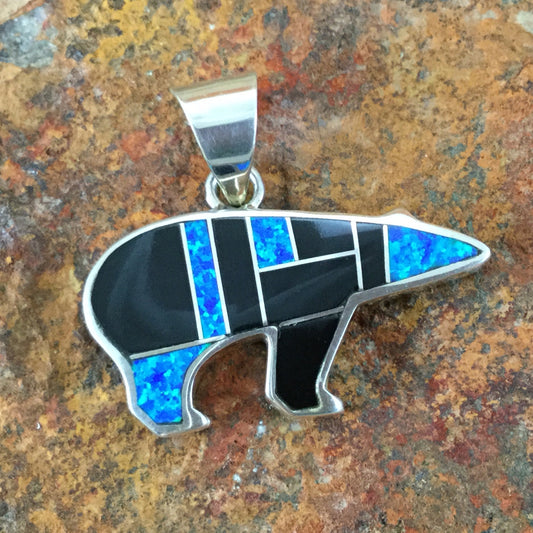 David Rosales Black Beauty Inlaid Sterling Silver Pendant Bear