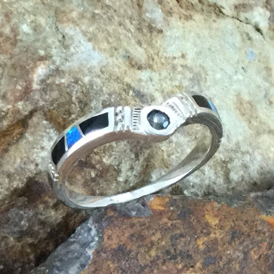 David Rosales Black Beauty Inlaid Sterling Silver Ring w/ Blue Topaz