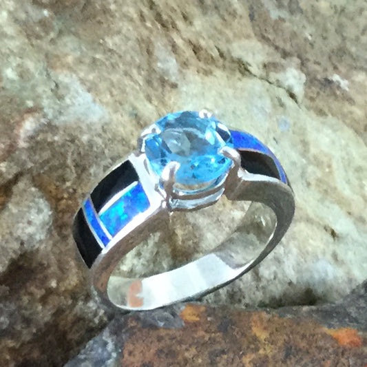 David Rosales Black Beauty Inlaid Sterling Silver Ring w/ Blue Topaz