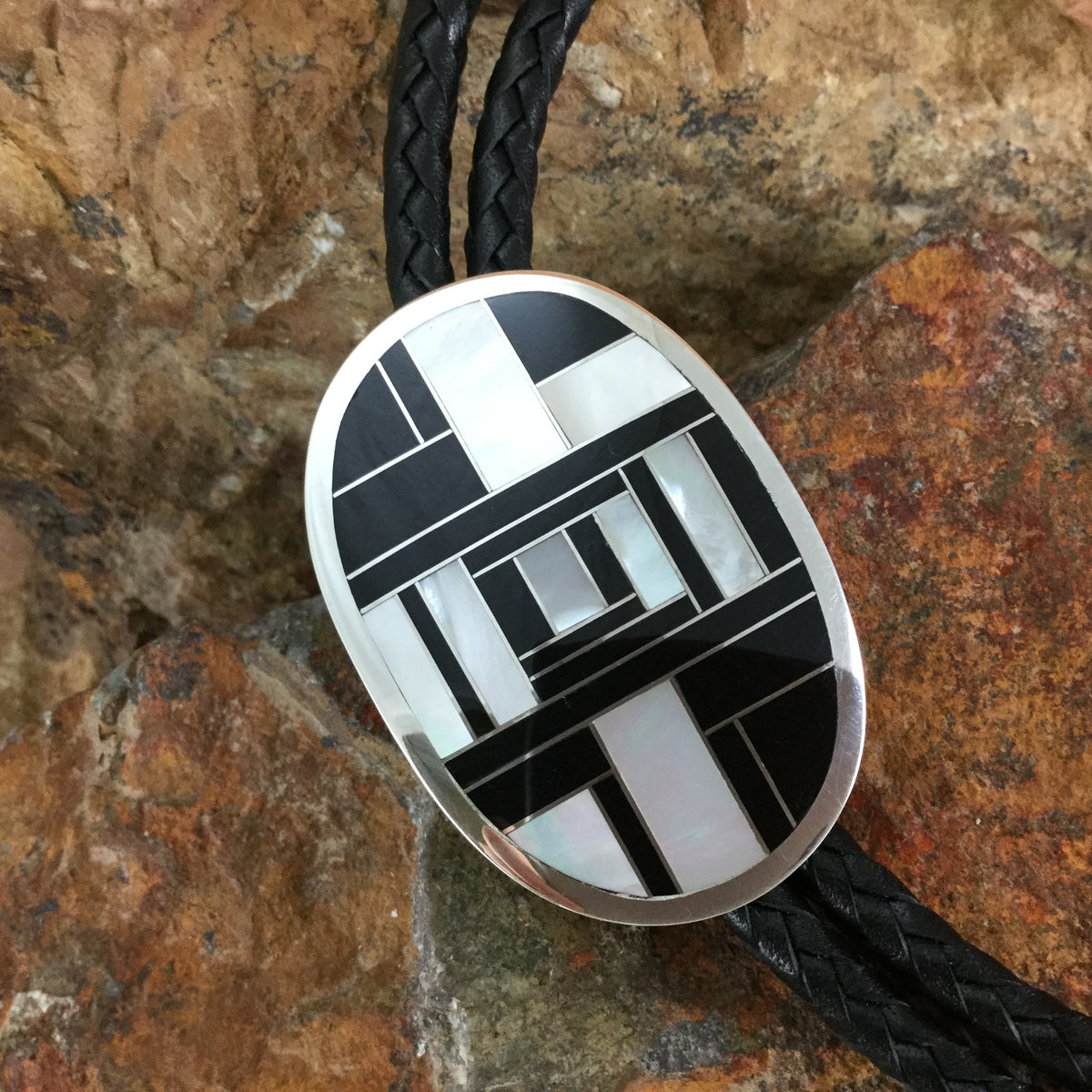 David Rosales Tuxedo Inlaid Sterling Silver Bolo Tie – Black Arrow