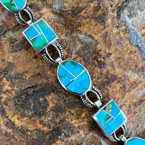 David Rosales Sonoran Gold Turquoise Inlaid Sterling Silver Link Bracelet