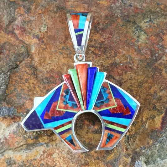 David Rosales Indian Summer Inlaid Sterling Silver Pendant Bear Reversible