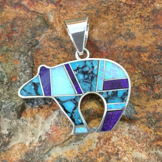 David Rosales Shalako Inlaid Sterling Silver Pendant Bear