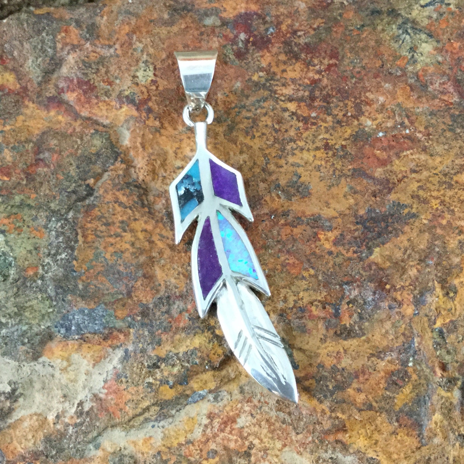 David Rosales Shalako Inlaid Sterling Silver Pendant Feather