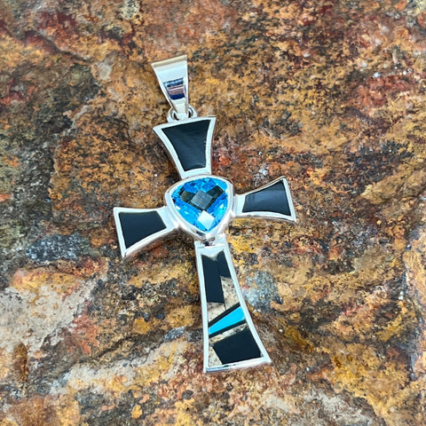 David Rosales Turquoise Creek Inlaid Sterling Silver Pendant w/ Blue Topaz