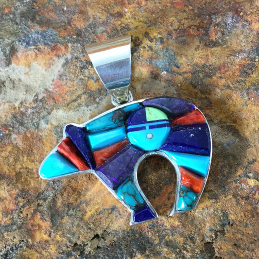 David Rosales Indian Summer Cobble Inlaid Sterling Silver Pendant Bear