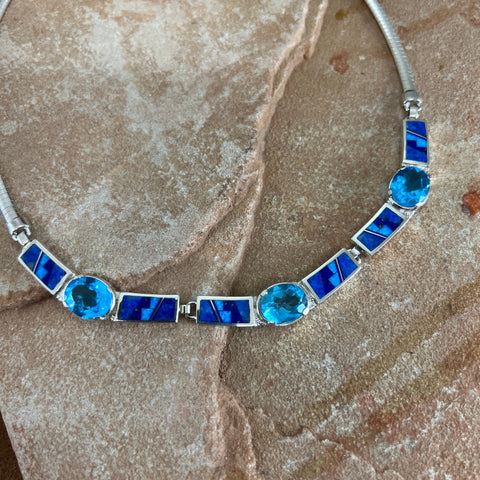David Rosales Blue Sky Inlaid Sterling Silver Necklace w/ Blue Topaz