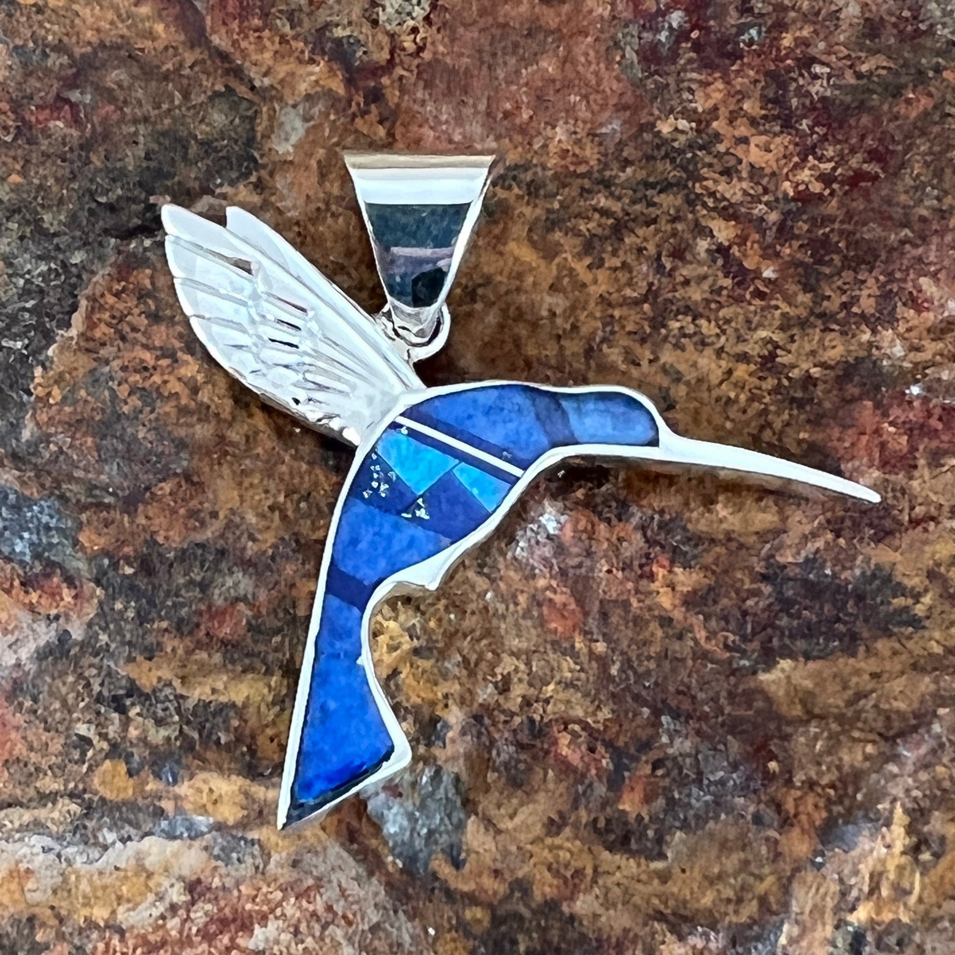 David Rosales Blue Sky Inlaid Sterling Silver Pendant Hummingbird