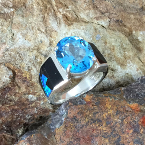 David Rosales Black Beauty Fancy Inlaid Sterling Silver Ring w/ Blue Topaz