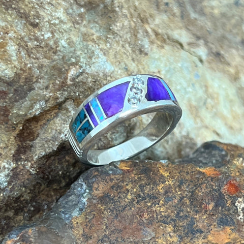 David Rosales Shalako Inlaid Sterling Silver Ring w/ Cubic Zirconia