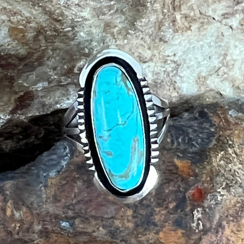 Kingman Turquoise Sterling Silver Ring by Wil Denetdale - Size 8.5