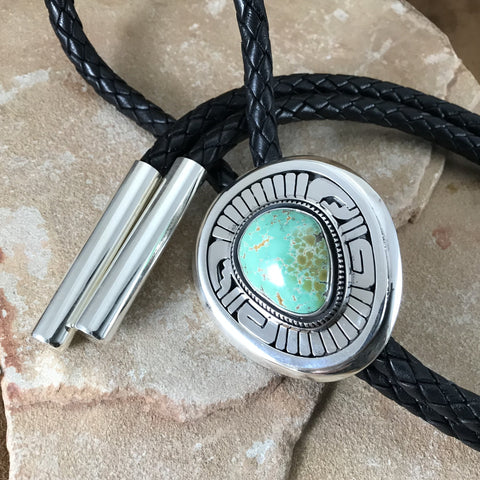 Carico Lake Turquoise Sterling Silver Leather Bolo Tie by Leonard Nez
