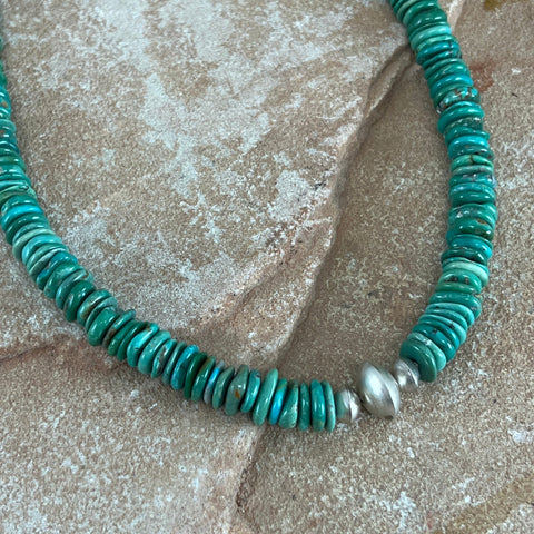 20" Single Strand Kingman Turquoise Sterling Silver Beaded Necklace by Mary Tso