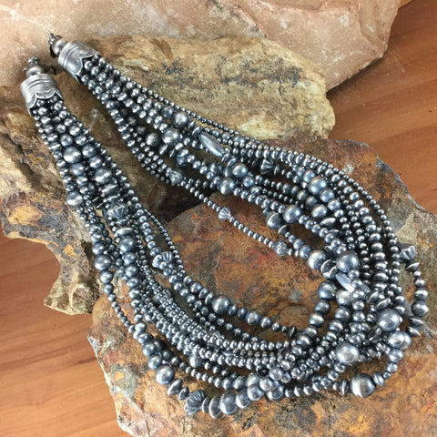 20" Eleven Strand Oxidized Sterling Silver Beaded Necklace