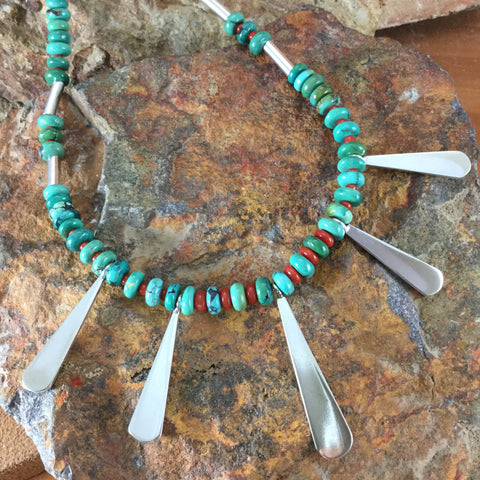 Kingman Turquoise, Coral & Sterling Silver Tab Necklace by Melanie Lente