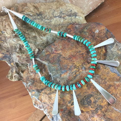 Kingman Turquoise, Coral & Sterling Silver Tab Necklace by Melanie Lente