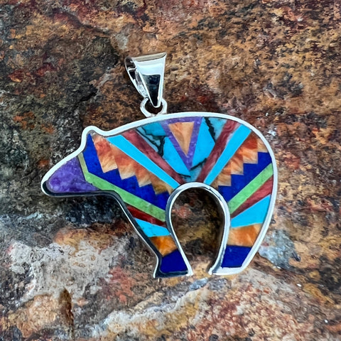 David Rosales Indian Summer Fancy Inlaid Sterling Silver Pendant Bear