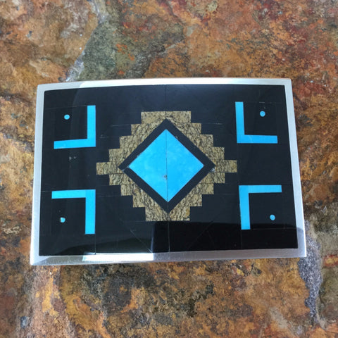 David Rosales Turquoise Creek Inlaid Sterling Silver Belt Buckle