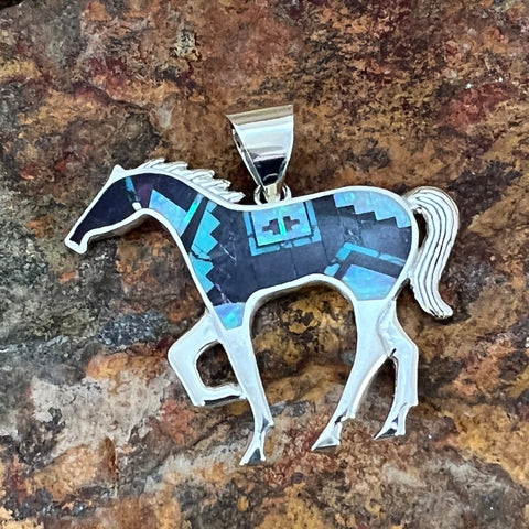 David Rosales Shalako Fancy Inlaid Sterling Silver Pendant Horse