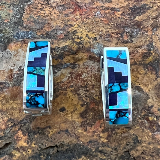 David Rosales Shalako Fancy Inlaid Sterling Silver Earrings Huggie