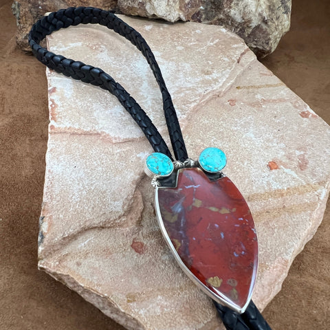 Red Jasper & Lone Mountain Turquoise Sterling Silver Leather Bolo Tie by Billy Jaramillo