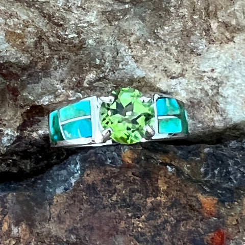 David Rosales Sonoran Gold Turquoise Inlaid Sterling Silver Ring w/ Peridot