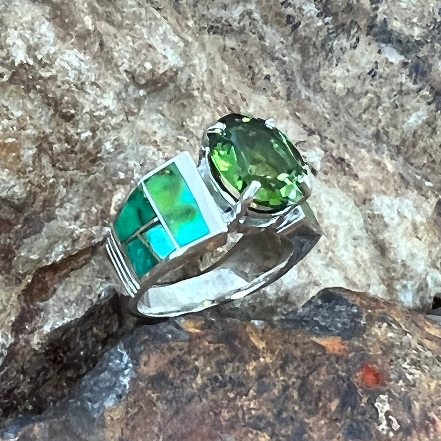 David Rosales Sonoran Gold Inlaid Sterling Silver Ring w/ Peridot