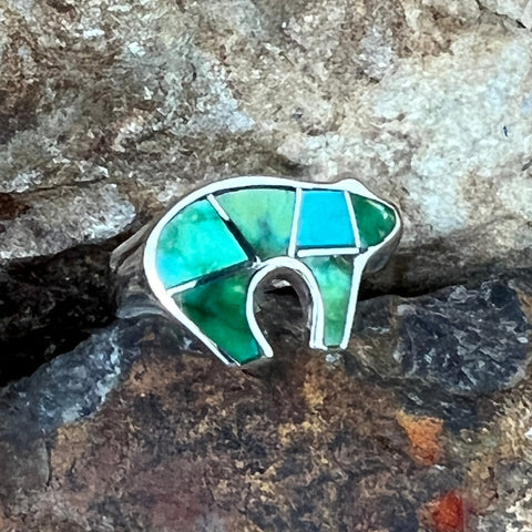 David Rosales Sonoran Gold Turquoise Inlaid Sterling Silver Ring Bear