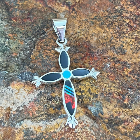 David Rosales Red Moon Inlaid Sterling Silver Pendant Cross
