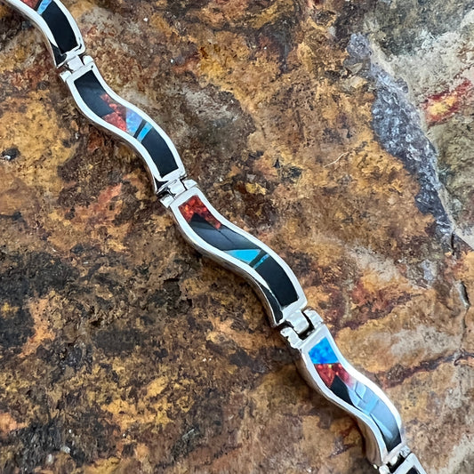 David Rosales Red Moon Inlaid Sterling Silver Wavy Link Bracelet
