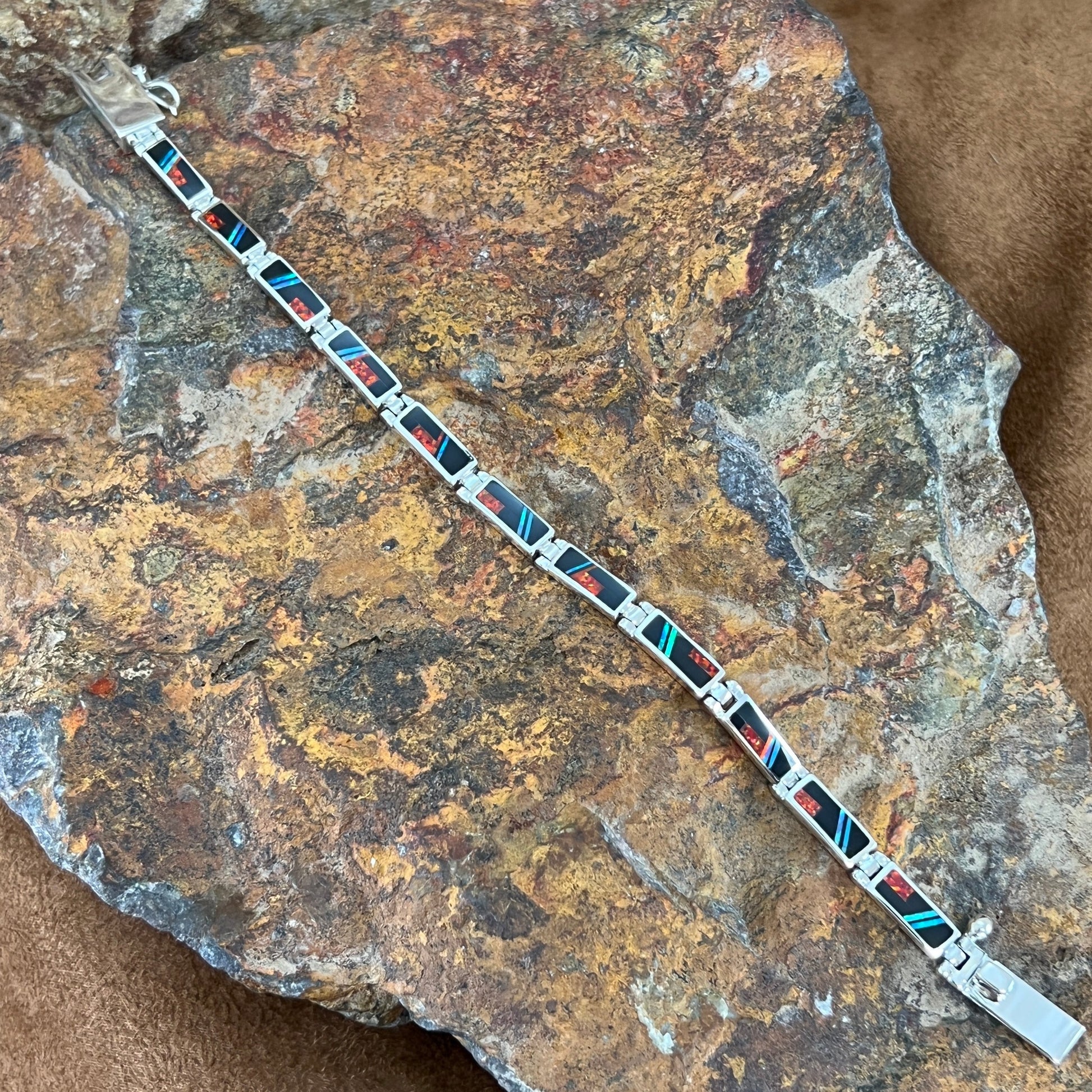 David Rosales Red Moon Inlaid Sterling Silver Link Bracelet