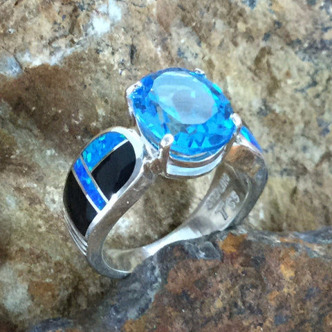 David Rosales Black Beauty Fancy Inlaid Sterling Silver Ring w/ Blue Topaz