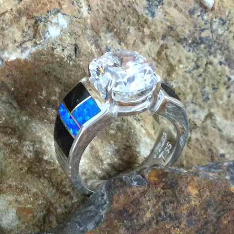 David Rosales Black Beauty Inlaid Sterling Silver Ring w/ Cubic Zirconia