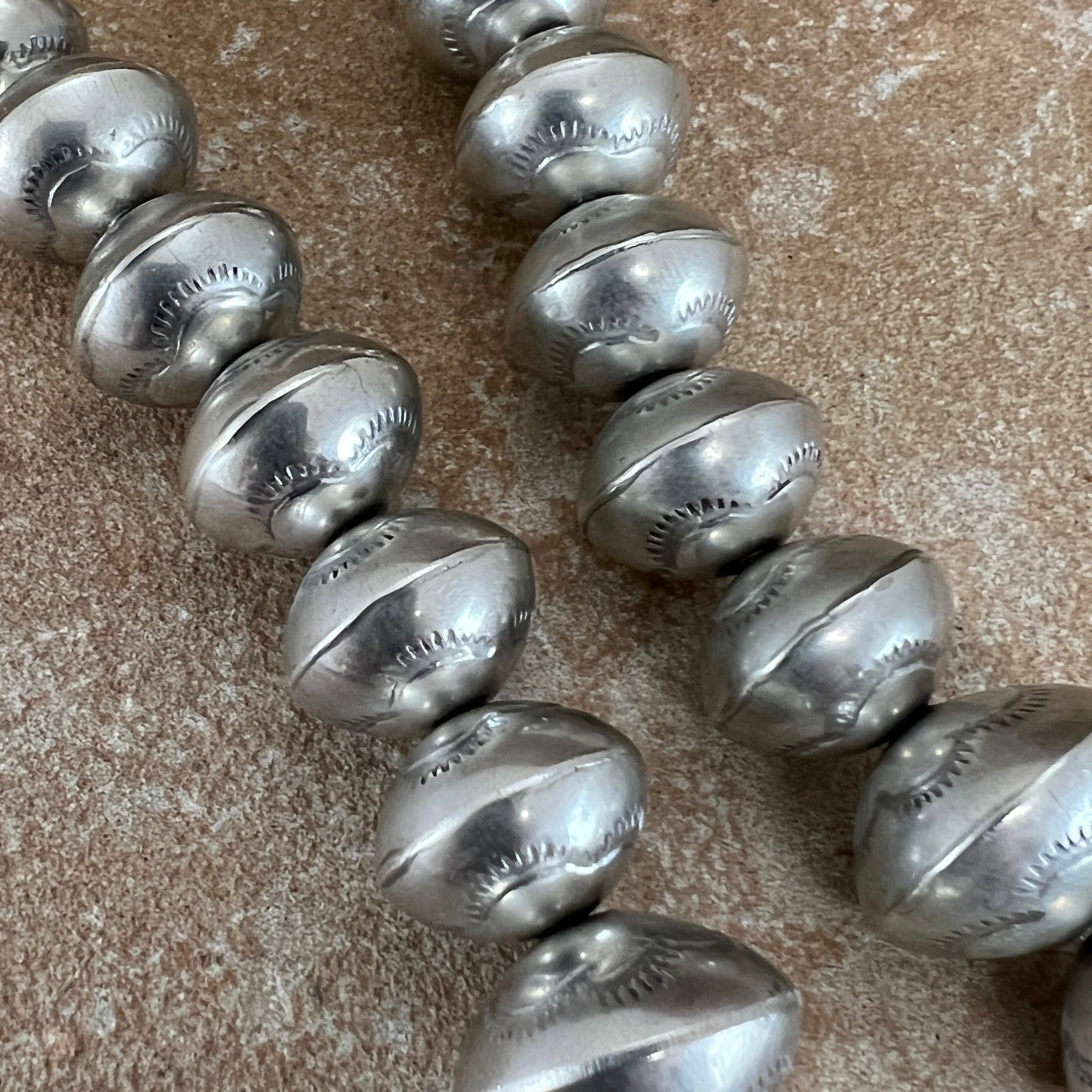Sterling Silver Beads in Aztec design necklace, 23” long A.S.