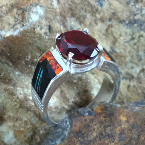 David Rosales Red Moon Inlaid Sterling Silver Ring w/ Garnet