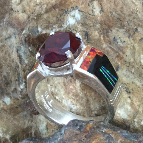 David Rosales Red Moon Inlaid Sterling Silver Ring w/ Garnet