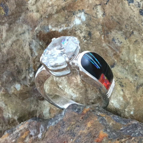 David Rosales Red Moon Inlaid Sterling Silver Ring w/ Cubic Zirconia