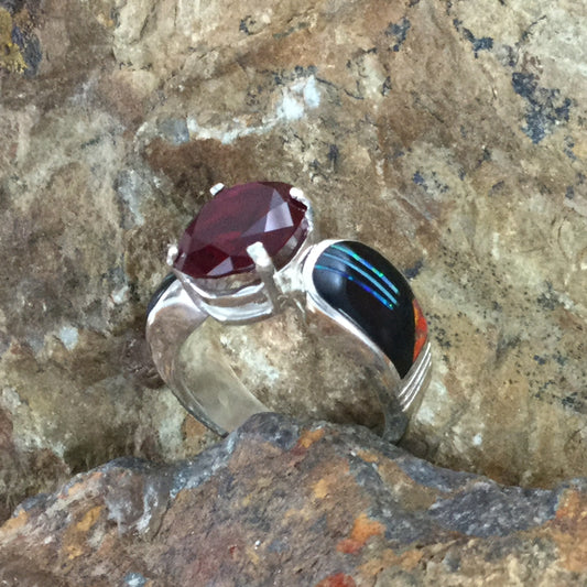 David Rosales Red Moon Inlaid Sterling Silver Ring w/ Red Garnet