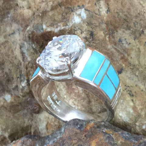 David Rosales Arizona Blue Inlaid Sterling Silver Ring w Cubic Zirconia