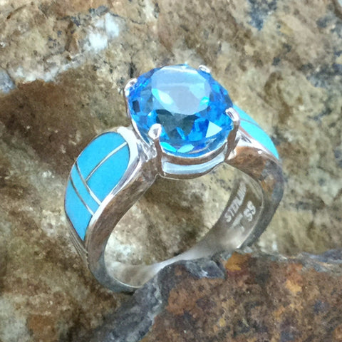 David Rosales Arizona Blue Inlaid Sterling Silver Ring w Blue Topaz