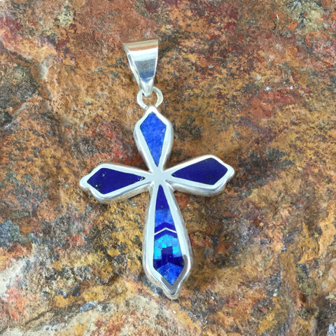 David Rosales Blue Sky Fancy Inlaid Sterling Silver Pendant Cross
